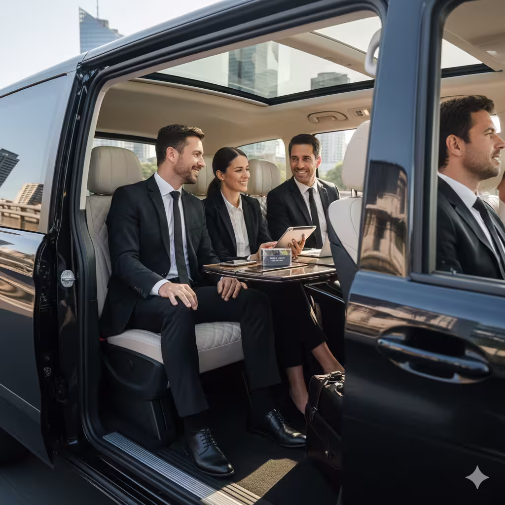 Intérieur luxe Taxi Van Lyon Perrache avec table de travail pour séminaire entreprise